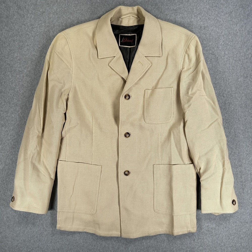 Brioni Blazer Sport Coat Mens Medium Beige Cotton Cashmere Jersey Leather Italy